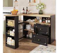 Bar de Salle à Manger Rotatif à 360°, adapté à la Chambre à Coucher,à la Salle à Manger, Meuble de Rangement avec 2 tiroirs, Compartiment de Rangement Ouvert, Buffet Rotatif avec étagères (Black)