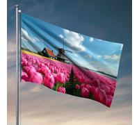 Bar For Man Cave A Picturesque Moulin à vent debout au milieu de champs de tulipes vibrantes sous un ciel bleu vif. Drapeau Décoration de chambre de bébé (120 x 180 cm)