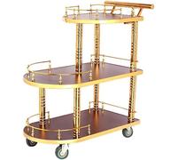 Bar Serving Cart for Hotel Business Restaurant, Gold Bar Cart, Rolling Serving Cart with Metal Frame and 3 Layers Solid Wood Board, Easy to Move with 4 Wheels