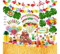 BARAKYEG 142 Pcs Hawaïenne Luau Table Jupe Set de Décoration,Fleurs, Cake Topper,Decoration Anniversaire Tropical pour Beach Summer et Fournitures de Fête de Jardin
