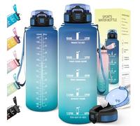 Baramumu Gourde 1,5l, Anti-Fuite, Gourde Sport, avec Paille, Bouteille, avec Marqueur de Temps, Bouteille d'eau, Réutilisable, pour Fitness, Yoga, Sport, Camping, Gym, Travail, Bleu-Vert