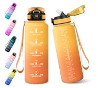 Baramumu Gourde, 1000ML Gourde Paille Adulte, Sans BPA, Bouteille d'eau de Motivation avec Marqueur de Temps, Bouteille Sport pour Salle de Sport, Aire Libre, Yoga - Jaune&Orange