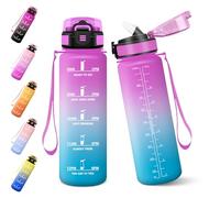 Baramumu Gourde, 1000ML Gourde Paille Adulte, Sans BPA, Bouteille d'eau de Motivation avec Marqueur de Temps, Bouteille Sport pour Salle de Sport, Aire Libre, Yoga - Rose&Cyan