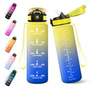 Baramumu Gourde, 1000ML Gourde Paille Adulte, Sans BPA, Bouteille d'eau de Motivation avec Marqueur de Temps, Bouteille Sport pour Salle de Sport, Aire Libre, Yoga - Jaune&Bleu roi