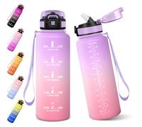 Baramumu Gourde, 1500ML Gourde Paille Adulte, Sans BPA, Bouteille d'eau de Motivation avec Marqueur de Temps, Bouteille Sport pour Salle de Sport, Aire Libre, Yoga - Violet clair&Rose clair