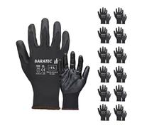 Baratec Gants de travail en PU noir, 12 paires, unisexes, sécurité, protection, jardinage, poignée EPI, construction, entrepôt, bricolage, certifié EN388, doublure en polyester, taille XXL