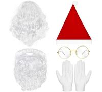 Barbe Perruque Pere Noel Bonnet Lunette Gants Blanc 5 Pièces Kit Accessoires de Santa Claus Perruque et Barbe du Père Noël pour Réunions de Famille, Cosplay, Activités de plein air