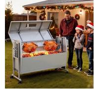 Barbecue à charbon 60 kg, rôtissoire électrique 38 W, 4 hauteurs, roues - inox