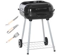 Barbecue À Charbon - Bbq Grill Sur Pied Avec Couvercle, Roulettes - Étagère, 3 Crochets, 3 Ustensiles, 2 Grilles - Acier Émaillé Noir