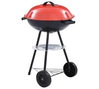 Barbecue à charbon de bois portable XXL 44 cm Barbecue sphérique avec roues, compartiment de rangement, noir et rouge, pour camping, jardin, terrasse