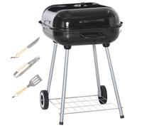 Barbecue à charbon - Outsunny - BBQ avec 2 roues ustensiles couvercle et étagère grillade - métal émaillé - noir