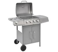 Barbecue à gaz 4 + 1 brûleurs avec brûleur latéral et capot de barbecue, barbecue à gaz en acier inoxydable pour jardin et terrasse, avec thermomètre et armoire inférieure, argenté