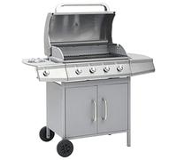 Barbecue à gaz 4 + 1 flammes en acier inoxydable argenté avec grande surface de cuisson 64 x 40 cm et brûleur latéral, avec bac récupérateur de graisse, thermomètre, armoire inférieure, mobile pour