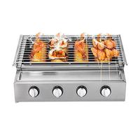 Barbecue à gaz 4 brûleurs 55 cm - En acier inoxydable - Avec noyau de cuisson en céramique - Sans fumée - Pour terrasse, camping et jardin - Facile à nettoyer