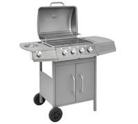 Barbecue à gaz 4 flammes avec 1 brûleur latéral argenté, surface de cuisson 48,5 x 37,5 cm, acier inoxydable SPCC, bac récupérateur de graisse amovible, allumage électronique, pour balcon, camping