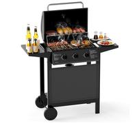 Barbecue à Gaz COSTWAY 3 Brûleurs 7kW,Thermomètre,Couvercle,2 Tables Latérales,Grilles en Acier sur Roulettes Camping,Jardin