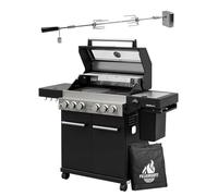 Barbecue à gaz Feuergott Hector 4B-S avec broche rotative et housse de protection avec 4 brûleurs, brûleur Sear, grille en fonte, brûleur arrière, réchaud latéral, fenêtre de visualisation et