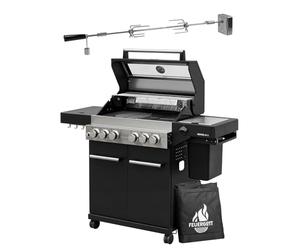 Barbecue à gaz Feuergott Hector 4B-S avec broche rotative et housse de protection avec 4 brûleurs, brûleur Sear, grille en fonte, brûleur arrière, réchaud latéral, fenêtre de visualisation et