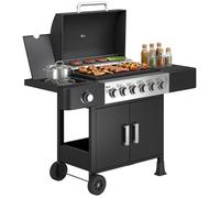 Outsunny Barbecue à gaz 6+1 brûleurs, chariot portable avec roues, grille de maintien au chaud, thermomètre intégré, étagères latérales, placard, couvercle, noir