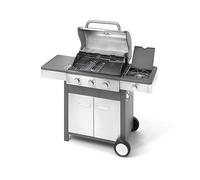 Barbecue à gaz professionnel de jardin en acier inoxydable avec cuisinière latérale, thermomètre, grille en fonte émaillée, chariot avec armoire (3 brûleurs (P 58 x L 126 cm x H115,5 cm))