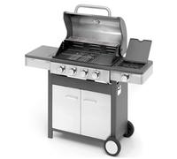 Barbecue à gaz professionnel de jardin en acier inoxydable avec cuisinière latérale, thermomètre, grille en fonte émaillée, chariot avec armoire (4 brûleurs(P 58 x L 133 cm x H 115,5 cm))
