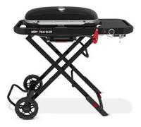 Weber Traveler barbecue à gaz/design pliable et portable avec roues, verrouillage automatique du couvercle et thermomètre intégré, 1 brûleur, largeur 111 cm, surface de cuisson 2065 cm², noir