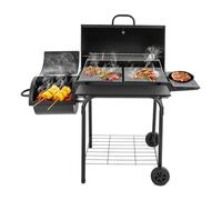 Barbecue au charbon de bois avec grille de cuisson au charbon de bois avec couvercle, roulettes et étagères latérales - Barbecue sur pied avec thermomètre, barbecue pour barbecues, pique-niques et