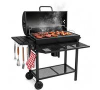 Barbecue au charbon de bois - Barbecue à charbon avec couvercle, thermomètre et cheminée - Barbecue avec grille de maintien au chaud, étagères de rangement, bac à cendres et roues pour jardin et