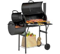 Barbecue au charbon Outsunny avec cheminée, tablette latérale pliable, grille de réchauffage, tablette inférieure, couvercle, thermomètre, roulettes pour cuisiner en plein air lors de garden-parties,