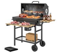 Barbecue au charbon Outsunny, fumoir en forme de tonneau avec grille de maintien au chaud, barbecue au charbon mobile avec étagères rabattables, thermomètre, roulettes pour la cuisine en plein air,