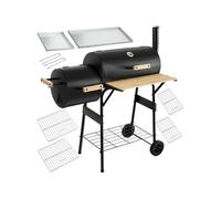 Barbecue charbon 2 en 1 2 compartiments thermomètre noir 110x60x116 cm 2 roues