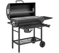 Outsunny Barbecue charbon de bois avec tablette avant pliable, grand barbecue au charbon de bois avec tablette inférieure, grille de cuisson, couvercle avec thermomètre et 2 roues, noir