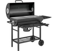 Barbecue charbon de bois avec couvercle 2 roues - 2 tablettes pliables, étagère, thermomètre - acier noir Noir G