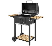 Barbecue charbon de bois avec couvercle 2 roues - hauteur grille réglable, thermomètre, 3 étagères - acier noir bois