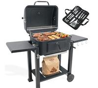 Barbecue Charbon de Bois avec Couvercle | Hauteur de Braise Ajustable | Grille de Cuisson XL 54x43 cm | 2 Tablettes Latérales Rabattables | Ustensiles Offerts | Récupérateur de Cendres | Ravigarden