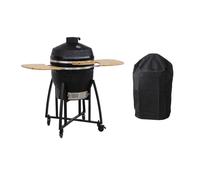 Barbecue charbon de bois, grill et fumoir, céramique Ø57cm avec roues, tablettes et housse