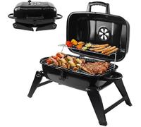Barbecue Charbon de Bois Pliable - SunJas - avec Couvercle Grille BBQ Party Portable pour Balcon Camping - en Émail Noir