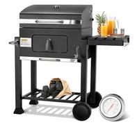 Barbecue Charbon de Bois XL, Chariot à Barbecue, Grill XL à Charbon avec Couvercle, 2PCS Roues, Thermomètre, Réglable en Hauteur, Grand Barbecue au Charbon de Bois, pour Camping et Jardin, Noir
