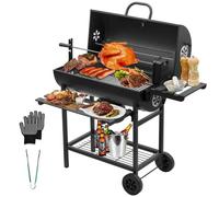 Barbecue charbon de bois XXL amélioré, grille de cuisson, support pour poulet, gants anti-brûlures, thermomètre, tiroir à cendres, aération réglable