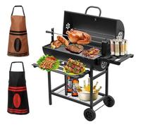 Barbecue charbon de bois XXL avec grille, support pour poulet, 2 tabliers, gants anti-brûlures, thermomètre, tiroir à cendres, aération réglable