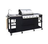 Barbecue. cuisine extérieure gaz - D'Artagnan - Barbecue 5 brûleurs dont 1 feu latéral. inox et noir. évier. planche à découper