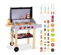 Barbecue de jeu en bois pour enfants avec plats de jeu et ustensiles de barbecue, accessoires de jeu de cuisine pour tout-petits, garçons et filles à partir de 3 ans