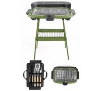 Barbecue Electrique sur Pieds ou de Table Vert 2000W + Set de 4 accessoires pour barbecue Acier inoxydable avec finition bois