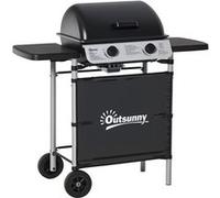 Outsunny Barbecue gaz 2 brûleurs en acier inoxydable, puissance 2,8 kW, barbecue de jardin 2 grilles en chromé, 2 étagères latérales, 2 roues, pour camping, balcon et terrasse, noir