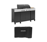 Barbecue gaz 4 brûleurs + 1 feu latéral, cuisine d'extérieure avec tablettes, thermomètre et housse