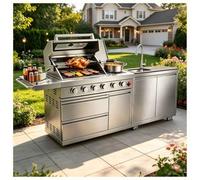 Barbecue Gaz 6 Brûleurs Dont 1 Latéral + Brûleur Infrarouge, 22.1 Kw, Gril à Gaz de Puissance avec évier, Plan de Travail en Marbre et Thermomètre, Adapté pour Jardin et Extérieure,Argent