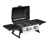 Outsunny Barbecue gaz de table transportable, 2 brûleurs 5,6 kW, barbecue gaz de camping avec grille de cuisson, étagères latérales, couvercle, thermomètre, pour camping, jardin et balcon, noir