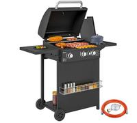 Barbecue gaz - Outsunny - 3+1 brûleurs - puissance 9,5 kW - avec 2 grilles, étagères latérales, 2 roues - en acier - noir