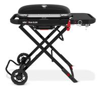 Weber Traveler barbecue à gaz/design pliable et portable avec roues, verrouillage automatique du couvercle et thermomètre intégré, 1 brûleur, largeur 111 cm, surface de cuisson 2065 cm², noir