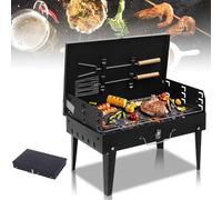 Barbecue portable au charbon de bois, petit barbecue de voyage pliable avec ensemble d'outils, mini barbecue compact pliable en acier inoxydable réglable en hauteur, pour camping, jardin, pique-nique